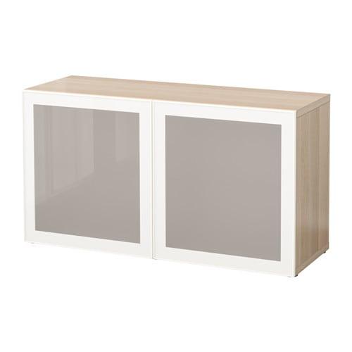 БЕСТО Стеллаж со стеклянн дверьми - под беленый дуб/Глассвик белый матовое стекло