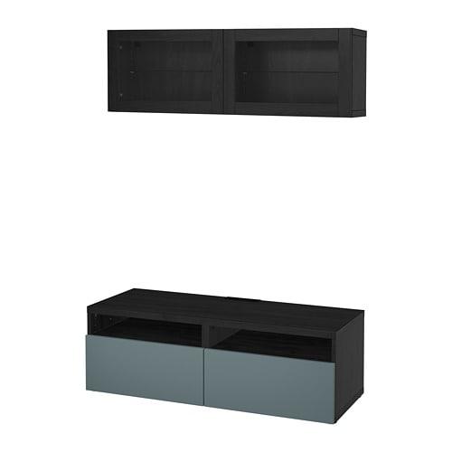 БЕСТО Шкаф для ТВ, комбин/стеклян дверцы - черно-коричневый/Вальвикен серо-бирюзовый, прозрачное стекло, направляющие ящика, плавно закр БЕСТО Шкаф для ТВ, комбин/стеклян дверцы - черно-коричневый/Вальвикен серо-бирюзовый, прозрачное стекло, направляющие ящика, плавно закр