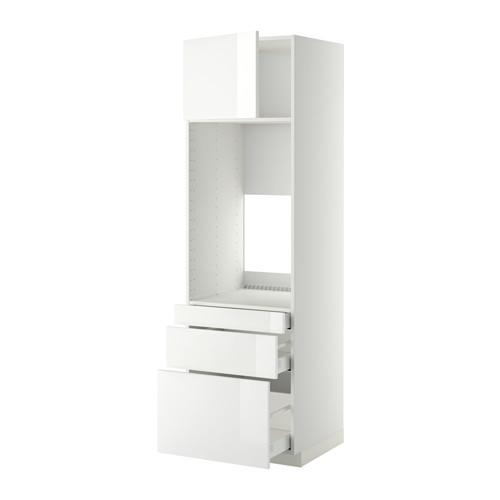 МЕТОД / МАКСИМЕРА Выс шкаф д/двойн духовки/3ящ/дверца - белый, Рингульт глянцевый белый, 60x60x200 см