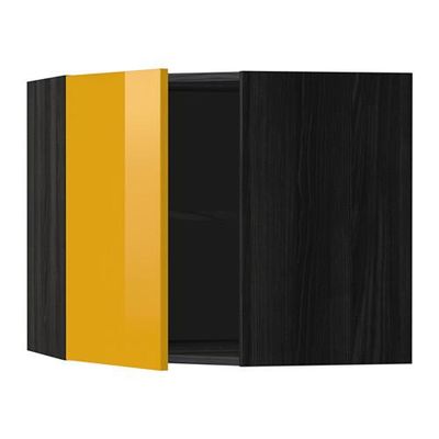 МЕТОД Угловой навесной шкаф с полками - 68x60 см, Ерста глянцевый желтый, под дерево черный