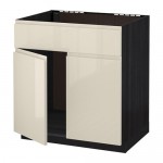 МЕТОД Напольн шкаф п-мойку 2 двр/фрн пнл - под дерево черный, Воксторп глянцевый светло-бежевый