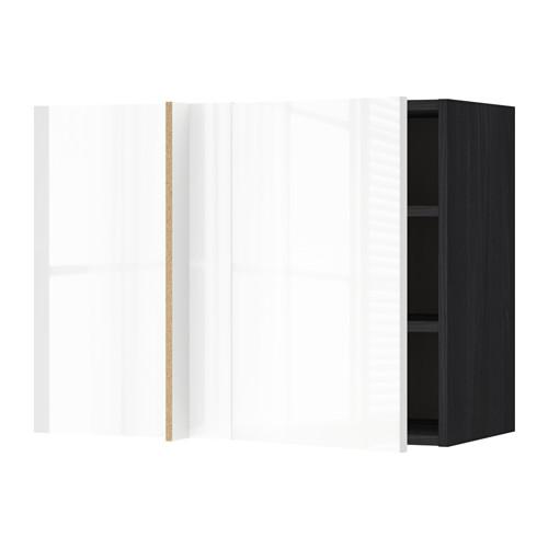 МЕТОД Угловой навесной шкаф с полками - под дерево черный, Рингульт глянцевый белый, 88x37x60 см