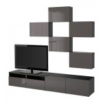 БЕСТО Шкаф для ТВ, комбинация - черно-коричневый/Сельсвикен глянцевый/серый, направляющие ящика,нажимные