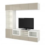 БЕСТО Шкаф для ТВ, комбин/стеклян дверцы - белый/Сельсвикен глянцевый/бежевый прозрачное стекло, направляющие ящика,нажимные