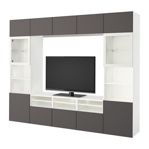 БЕСТО Шкаф для ТВ, комбин/стеклян дверцы - белый Грундсвикен/темно-серый прозрачное стекло, направляющие ящика,нажимные