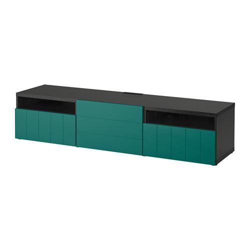 БЕСТО Тумба под ТВ - черно-коричневый/Халлставик сине-зеленый, направляющие ящика, плавно закр