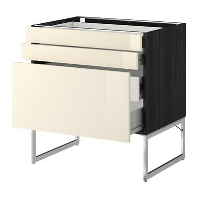 МЕТОД / ФОРВАРА Напольн шкаф 3фронт пнл/2низ/2ср ящ - 80x60x60 см, Рингульт глянцевый кремовый, под дерево черный