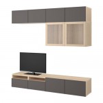 БЕСТО Шкаф для ТВ, комбин/стеклян дверцы - под беленый дуб Грундсвикен/темно-серый прозрачное стекло, направляющие ящика,нажимные БЕСТО Шкаф для ТВ, комбин/стеклян дверцы - под беленый дуб Грундсвикен/темно-серый прозрачное стекло, направляющие ящика,нажимные