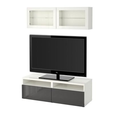 БЕСТО Шкаф для ТВ, комбин/стеклян дверцы - белый/Сельсвикен глянцевый/серый прозрачное стекло, направляющие ящика,нажимные