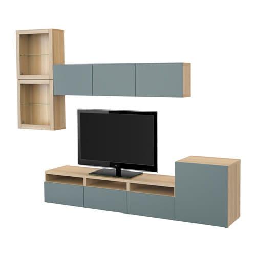 БЕСТО Шкаф для ТВ, комбин/стеклян дверцы - под беленый дуб/Вальвикен серо-бирюзовый, прозрачное стекло, направляющие ящика,нажимные БЕСТО Шкаф для ТВ, комбин/стеклян дверцы - под беленый дуб/Вальвикен серо-бирюзовый, прозрачное стекло, направляющие ящика,нажимные