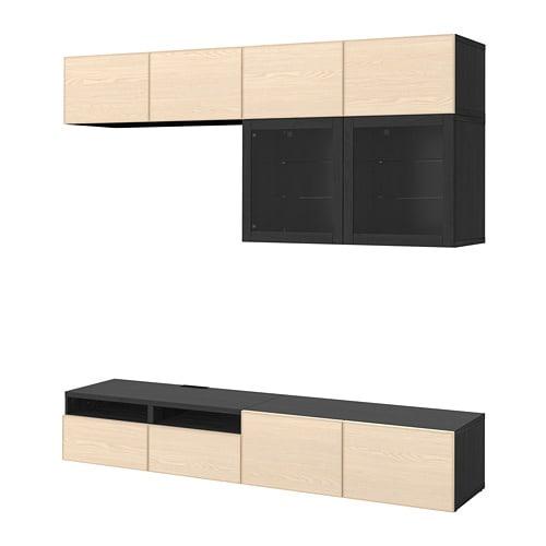 БЕСТО Шкаф для ТВ, комбин/стеклян дверцы - черно-коричневый Инвикен/ясеневый шпон прозрачное стекло, направляющие ящика, плавно закр