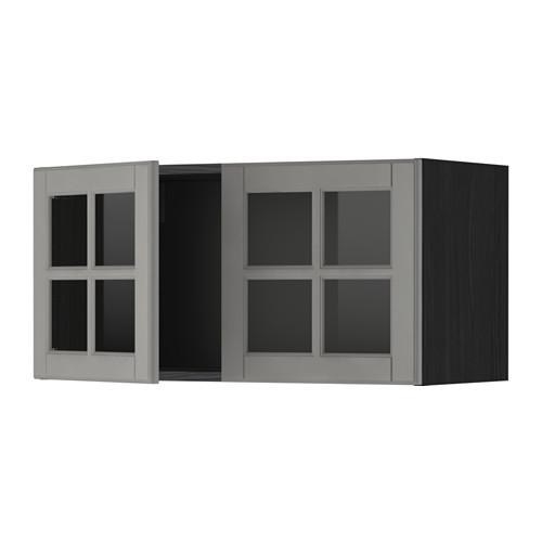 МЕТОД Навесной шкаф с 2 стеклянн дверями - под дерево черный, Будбин серый МЕТОД Навесной шкаф с 2 стеклянн дверями - под дерево черный, Будбин серый