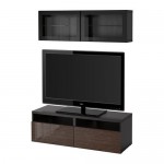 БЕСТО Шкаф для ТВ, комбин/стеклян дверцы - черно-коричневый/Сельсвикен глянцевый/коричневый прозрач стекло, направляющие ящика,нажимные