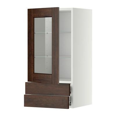 МЕТОД / ФОРВАРА Навесной шкаф/стекл дверца/2 ящика - 40x80 см, Эдсерум под дерево коричневый, белый