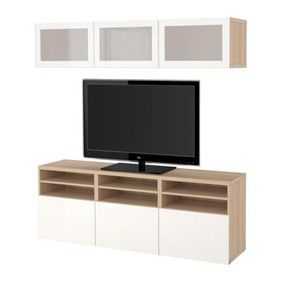 БЕСТО Шкаф для ТВ, комбин/стеклян дверцы - под беленый дуб/Сельсвикен глянцевый/белый матовое стекло, направляющие ящика, плавно закр