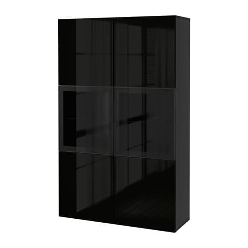 БЕСТО Комбинация д/хранения+стекл дверц - черно-коричневый/Сельсвикен глянцевый/черный прозрачное стекло