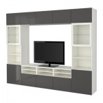 БЕСТО Шкаф для ТВ, комбин/стеклян дверцы - белый/Сельсвикен глянцевый/серый прозрачное стекло, направляющие ящика,нажимные