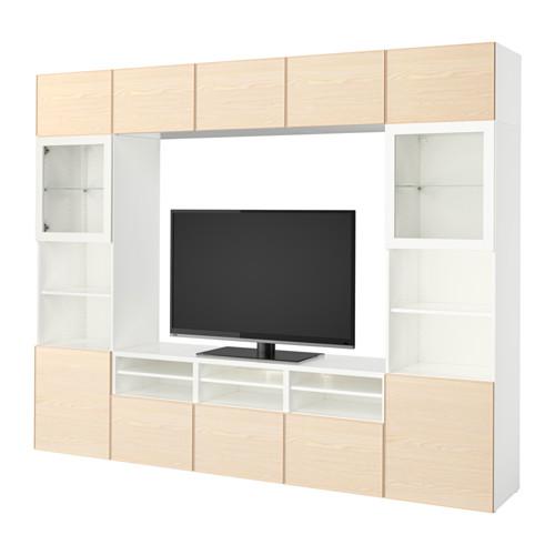 БЕСТО Шкаф для ТВ, комбин/стеклян дверцы - белый/Инвикен ясеневый шпон, направляющие ящика, плавно закр