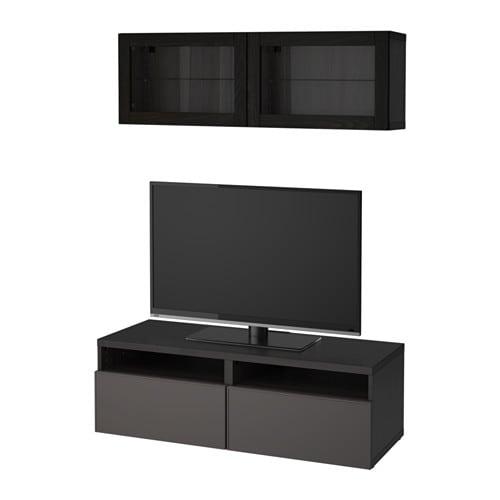 БЕСТО Шкаф для ТВ, комбин/стеклян дверцы - черно-коричневый Грундсвикен/темно-серый прозрачное стекло, направляющие ящика,нажимные БЕСТО Шкаф для ТВ, комбин/стеклян дверцы - черно-коричневый Грундсвикен/темно-серый прозрачное стекло, направляющие ящика,нажимные