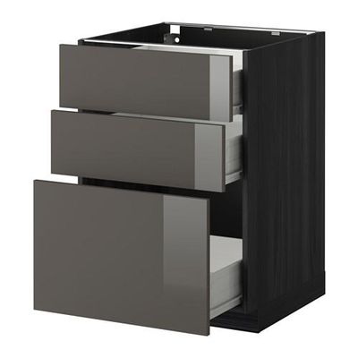 МЕТОД / ФОРВАРА Напольный шкаф с 3 ящиками - 60x60 см, Рингульт глянцевый серый, под дерево черный МЕТОД / ФОРВАРА Напольный шкаф с 3 ящиками - 60x60 см, Рингульт глянцевый серый, под дерево черный