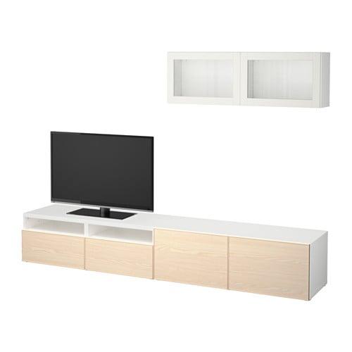 БЕСТО Шкаф для ТВ, комбин/стеклян дверцы - белый Инвикен/ясеневый шпон прозрачное стекло, направляющие ящика,нажимные