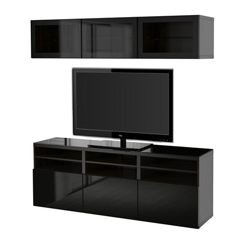 БЕСТО Шкаф для ТВ, комбин/стеклян дверцы - черно-коричневый/Сельсвикен глянцевый/черный прозрачное стекло, направляющие ящика,нажимные