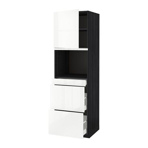 МЕТОД / МАКСИМЕРА Высокий шкаф д/СВЧ/дверца/3ящика - под дерево черный, Рингульт глянцевый белый, 60x60x200 см