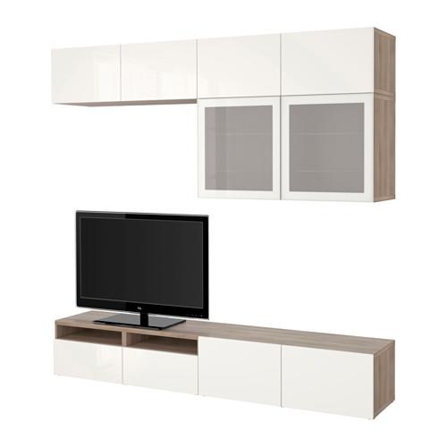 БЕСТО Шкаф для ТВ, комбин/стеклян дверцы - под беленый дуб/Сельсвикен глянцевый/белый матовое стекло, направляющие ящика,нажимные