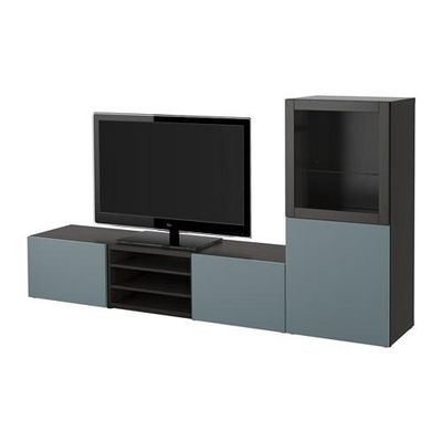 БЕСТО Шкаф для ТВ, комбин/стеклян дверцы - черно-коричневый/Вальвикен серо-бирюзовый, прозрачное стекло, направляющие ящика,нажимные
