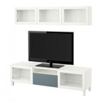 БЕСТО Шкаф для ТВ, комбин/стеклян дверцы - белый/Вальвикен серо-бирюзовый, прозрачное стекло, направляющие ящика,нажимные