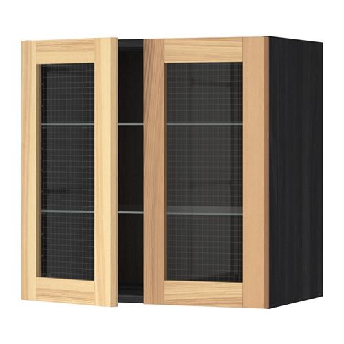 МЕТОД Навесной шкаф с полками/2 стекл дв - под дерево черный, Торхэмн естественный ясень, 60x60 см МЕТОД Навесной шкаф с полками/2 стекл дв - под дерево черный, Торхэмн естественный ясень, 60x60 см