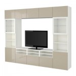 БЕСТО Шкаф для ТВ, комбин/стеклян дверцы - белый/Сельсвикен глянцевый/бежевый прозрачное стекло, направляющие ящика,нажимные