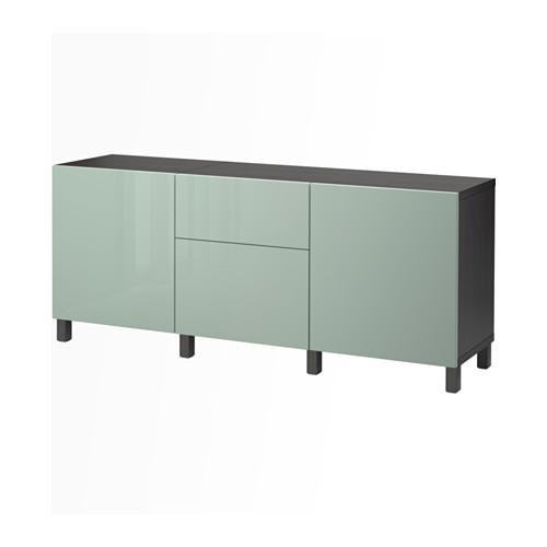 БЕСТО Комбинация для хранения с ящиками - черно-коричневый/Сельсвикен глянцевый/серо-зеленый светлый, направляющие ящика, плавно закр