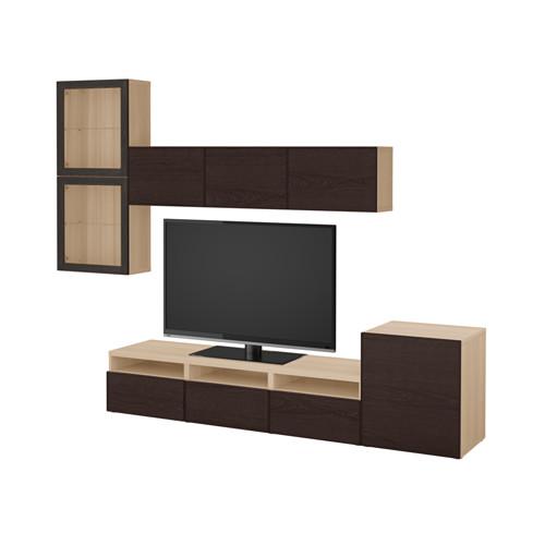 БЕСТО Шкаф для ТВ, комбин/стеклян дверцы - под беленый дуб Синдвик/Инвикен черно-коричневый прозрачное стекло, направляющие ящика, плавно закр