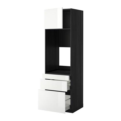 МЕТОД / МАКСИМЕРА Выс шкаф д/двойн духовки/3ящ/дверца - под дерево черный, Рингульт глянцевый белый, 60x60x200 см