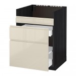 МЕТОД / МАКСИМЕРА Нап шкаф п/мойку ДУМШЁ/3фасада/2ящ - под дерево черный, Воксторп глянцевый светло-бежевый, 60x60 см