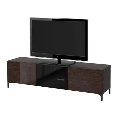 БЕСТО Тумба под ТВ с ящиками и дверцей - черно-коричневый/Сельсвикен глянцевый/коричневый дымчат стекло, направляющие ящика,нажимные