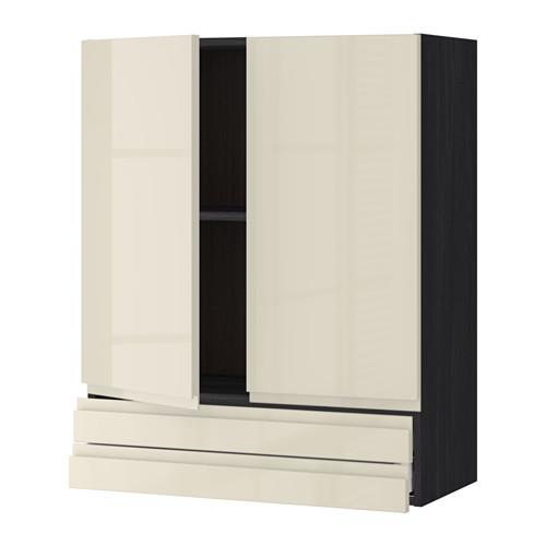 МЕТОД / МАКСИМЕРА Навесной шкаф/2дверцы/2ящика - под дерево черный, Воксторп глянцевый светло-бежевый, 80x100 см