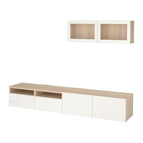 БЕСТО Шкаф для ТВ, комбин/стеклян дверцы - под беленый дуб/Сельсвикен глянцевый/белый прозрачное стекло, направляющие ящика, плавно закр БЕСТО Шкаф для ТВ, комбин/стеклян дверцы - под беленый дуб/Сельсвикен глянцевый/белый прозрачное стекло, направляющие ящика, плавно закр