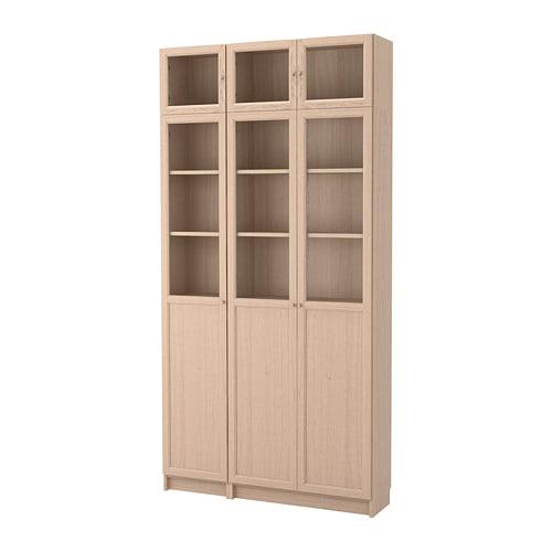 БИЛЛИ / ОКСБЕРГ Стеллаж комбинация/стеклян дверцы - дубовый шпон, беленый/стекло