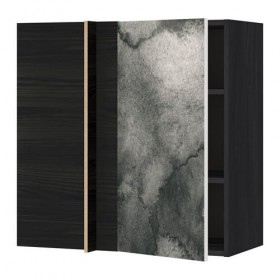 МЕТОД Угловой навесной шкаф с полками - под дерево черный, Кальвиа с печатным рисунком, 88x37x80 см