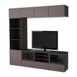 БЕСТО Шкаф для ТВ, комбин/стеклян дверцы - черно-коричневый/Вальвикен темно-коричневый, прозрачное стекло, направляющие ящика, плавно закр