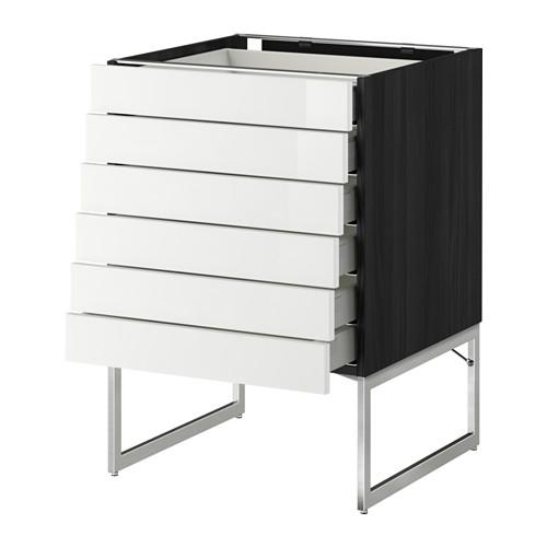 МЕТОД / МАКСИМЕРА Напольн шкаф 6фронт пнл/6 низ ящ - под дерево черный, Рингульт глянцевый белый, 60x60x60 см