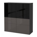 БЕСТО Комбинация д/хранения+стекл дверц - черно-коричневый/Сельсвикен глянцевый/серый дымчатое стекло, направляющие ящика, плавно закр