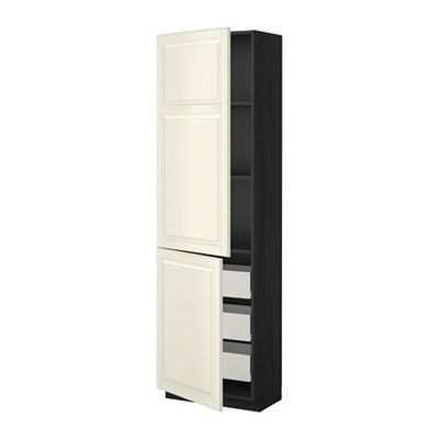 МЕТОД / ФОРВАРА Высокий шкаф+полки/3 ящика/2 дверцы - 60x37x200 см, Будбин белый с оттенком, под дерево черный