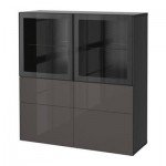 БЕСТО Комбинация д/хранения+стекл дверц - черно-коричневый/Сельсвикен глянцевый/серый прозрачное стекло, направляющие ящика, плавно закр
