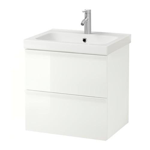 ГОДМОРГОН / ОДЕНСВИК Шкаф для раковины с 2 ящ - глянцевый белый