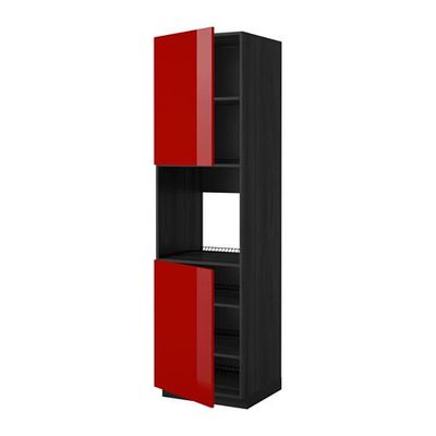 МЕТОД Высок шкаф д/духовки/2дверцы/полки - 60x60x220 см, Рингульт глянцевый красный, под дерево черный