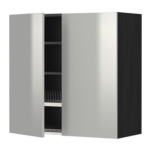 МЕТОД Навесной шкаф с посуд суш/2 дврц - под дерево черный, Гревста нержавеющ сталь, 80x80 см МЕТОД Навесной шкаф с посуд суш/2 дврц - под дерево черный, Гревста нержавеющ сталь, 80x80 см