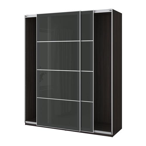 PAX гардероб с раздвижными дверьми черно-коричневый/Уггдаль серое стекло 200x66x236.4 cm